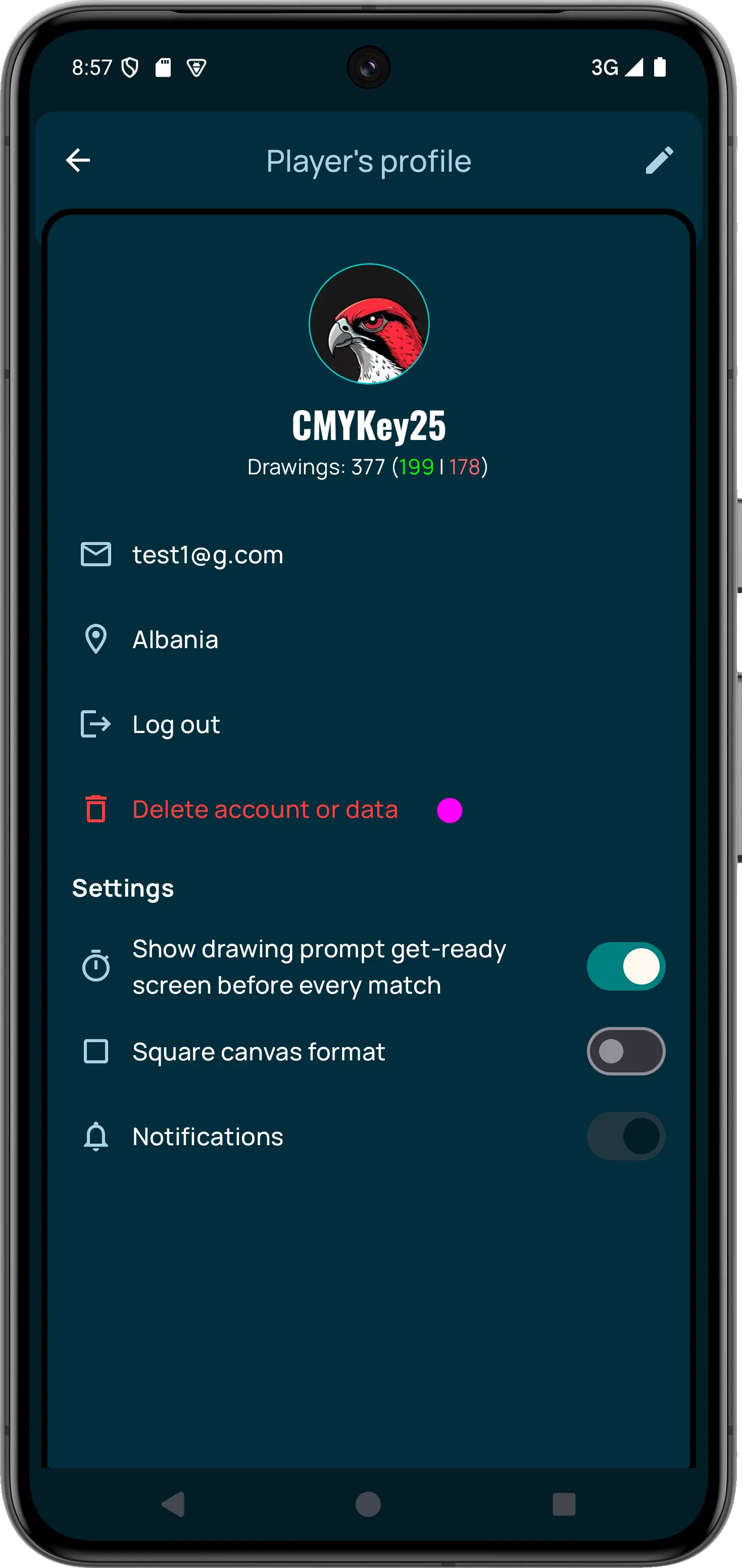 Delete account or data button